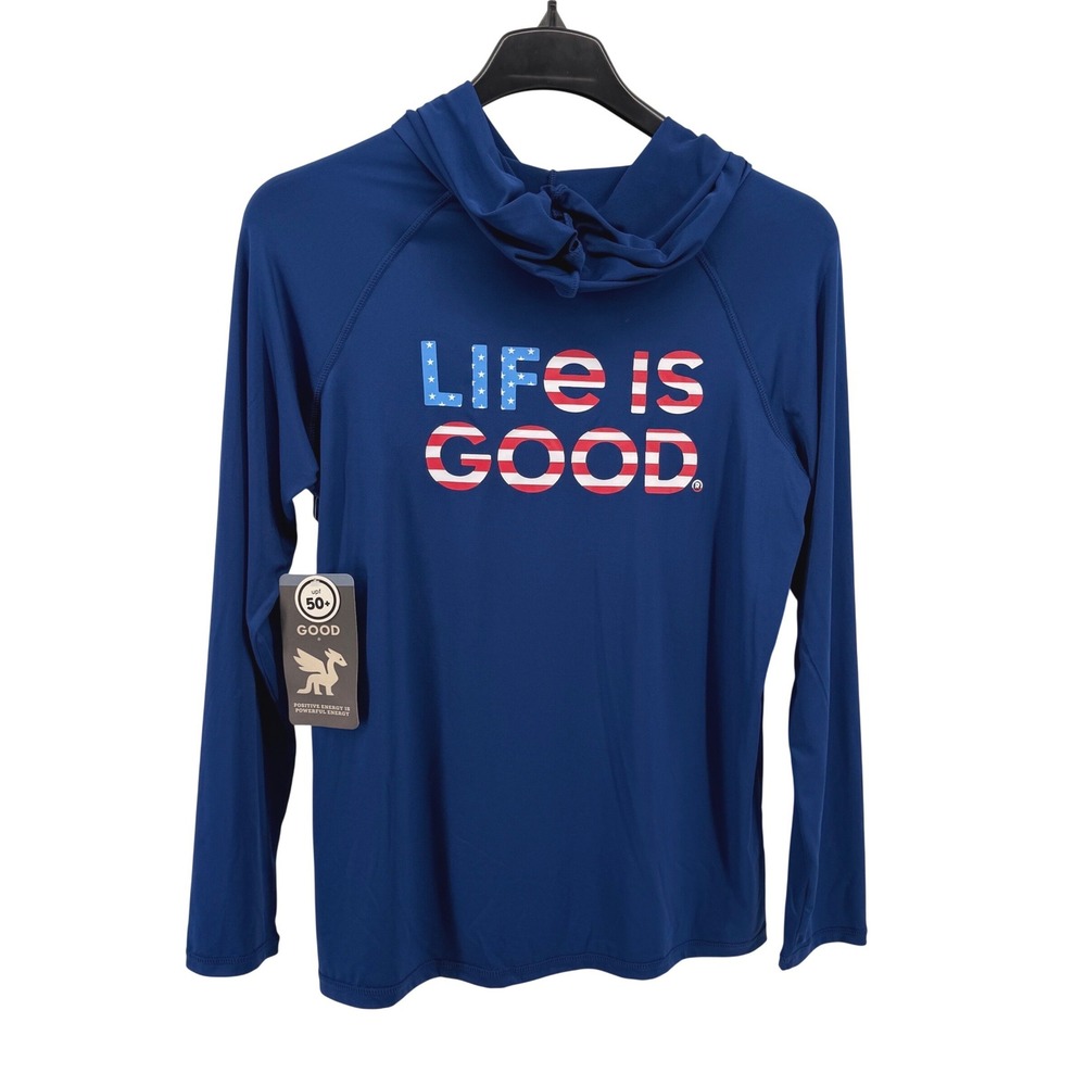 NEW Life Is Good Swim Hoodie Mens Small Rash Guard Shirt Blue UPF 50+ Patriotic